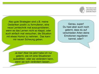 Also gute Strategien sind z.B. meine
Gedanken positiv zu formulieren, eine
neue Lerntechnik mal auszuprobieren,
wenn es das Lernen nicht so klappt, oder
auch einfach mal versuchen, die Situation
mit etwas Humor zu nehmen. Das kann
mir neuen Schwung geben.
Genau, super!
Du hast aber auch noch
gelernt, dass du auf
verschieden Arten deine
Emotionen regulieren
kannst, oder?
Ja klar! Aber bis jetzt habe ich nur
gelernt, wie ich eine Situationen
auswählen oder sie verändern kann,
wenn sie sich verändern lassen…
 