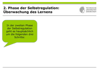 2. Phase der Selbstregulation:
Überwachung des Lernens
In der zweiten Phase
der Selbstregulation
geht es hauptsächlich
um die folgenden drei
Schritte:
 