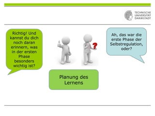 Planung des
Lernens
Ah, das war die
erste Phase der
Selbstregulation,
oder?
Richtig! Und
kannst du dich
noch daran
erinnern, was
in der ersten
Phase
besonders
wichtig ist?
 