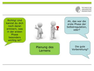 Planung des
Lernens
Die gute
Vorbereitung?
Ah, das war die
erste Phase der
Selbstregulation,
oder?
Richtig! Und
kannst du dich
noch daran
erinnern, was
in der ersten
Phase
besonders
wichtig ist?
 