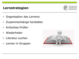 Lernstrategien
• Organisation des Lernens
• Zusammenhänge herstellen
• Kritisches Prüfen
• Wiederholen
• Literatur suchen
• Lernen in Gruppen
 