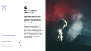Prophet Brand Relevance Index®30 prophet.com/relevantbrands-2018
Spotify
9
The Soundtrack
of Our Lives
Spotify knows we love our music,
and it connects with us on an
emotional level. (And it does so by
giving users access to more than
35 million songs.)
But as streaming service competition
heats up, it wants to follow us
everywhere, on every device and at
every moment. A new partnership
with Samsung automatically connects
Spotify to phones, tablets, TVs and
yes, your refrigerator, all DJ’d by Bixby.
And a new deal with Google Clock
lets you wake up to your perfect
morning playlist.
The Four Brand Principles
Customer Obsessed
Ruthlessly Pragmatic
Distinctively Inspired
Pervasively Innovative
 