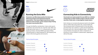 Running the Extra Mile Connecting Kids to Connectivity
Few brands can inspire people the way LEGO can, whether
inviting them to make complex projects, like the coveted
new Harry Potter sets, or snap together simple towers.
And it shines as it connects the physical world to the digital,
with six million kids using LEGO Life, a social-media site
that introduces them to kindred spirits to find new ideas
and share their own creations. It ranks second-highest for
“Connects with me in new and different ways,” only beaten
out by Pinterest. But above all, LEGO is revered for its
promise to nurture children’s creative spark, keeping kids
safe as they play.
Nike LEGO
10 11
The Four Brand Principles The Four Brand Principles
Customer Obsessed
Ruthlessly Pragmatic
Distinctively Inspired
Pervasively Innovative
Customer Obsessed
Ruthlessly Pragmatic
Distinctively Inspired
Pervasively Innovative
Consumers say Nike always pushes the status quo,
delivering products and experiences beyond
expectations. That means digital experiences matter
almost as much as shoes, as the company keeps finding
new ways to personalize offers.
Through the NikePlus membership, it learns what sports
people like, how active they are, and their style. Nike Live,
a new data-driven store in L.A., is influenced by zip-code
based purchases. And that SNKRS app keeps finding
interesting ways to make shopping fun, like dropping new
shoes to fans during games and concerts.
Prophet Brand Relevance Index®31 prophet.com/relevantbrands-201831
 