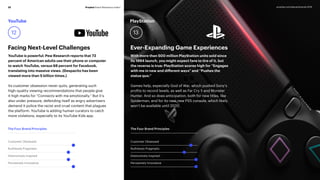Prophet Brand Relevance Index®32 prophet.com/relevantbrands-2018
Facing Next-Level Challenges Ever-Expanding Game Experiences
YouTube is powerful: Pew Research reports that 73
percent of American adults use their phone or computer
to watch YouTube, versus 68 percent for Facebook,
translating into massive views. (Despacito has been
viewed more than 5 billion times.)
Its customer obsession never quits, generating such
high-quality viewing recommendations that people give
it high marks for “Connects with me emotionally.” But it’s
also under pressure, defending itself as angry advertisers
demand it police the racist and cruel content that plagues
the platform. YouTube is adding human curators to catch
more violations, especially to its YouTube Kids app.
YouTube PlayStation
12 13
The Four Brand Principles The Four Brand Principles
Customer Obsessed
Ruthlessly Pragmatic
Distinctively Inspired
Pervasively Innovative
Customer Obsessed
Ruthlessly Pragmatic
Distinctively Inspired
Pervasively Innovative
With more than 500 million PlayStation units sold since
its 1994 launch, you might expect fans to tire of it, but
the reverse is true: PlayStation scores high for “Engages
with me in new and different ways” and “Pushes the
status quo.”
Games help, especially God of War, which pushed Sony’s
profits to record levels, as well as Far Cry 5 and Monster
Hunter. And so does anticipation, both for new titles, like
Spiderman, and for its next new PS5 console, which likely
won’t be available until 2020.
 