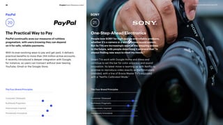 Prophet Brand Relevance Index®38 prophet.com/relevantbrands-2018
The Practical Way to Pay One-Step-Ahead Electronics
PayPal continually aces our measures of ruthless
pragmatism, with users knowing they can depend
on it for safe, reliable payments.
With its ever-evolving ways to pay and get paid, it delivers
practical benefits to more than 244 million active accounts.
It recently introduced a deeper integration with Google,
for instance, so users can transact without ever leaving
YouTube, Gmail or the Google Store.
PayPal SONY
20 21
The Four Brand Principles The Four Brand Principles
Customer Obsessed
Ruthlessly Pragmatic
Distinctively Inspired
Pervasively Innovative
Customer Obsessed
Ruthlessly Pragmatic
Distinctively Inspired
Pervasively Innovative
People love SONY for high-quality and reliable products,
whether it’s a camera or a whole-house sound system.
But its TVs are increasingly seen as the stepping stones
to the future, with people describing it as brand that “Is
always finding new ways to meet my needs.”
Smart TVs work with Google Home and Alexa and
continue to set the bar for color accuracy and sound
innovation. Its latest move is teaming up with Netflix to
promise to reproduce video exactly as the filmmakers
intended, with a line of Bravia Master TV’s equipped
with a “Netflix Calibrated Mode.”
 