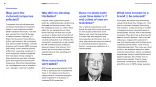 Prophet Brand Relevance Index®43 prophet.com/relevantbrands-2018
How were the
included companies
selected?
Why did you develop
this Index?
How many brands
were rated?
What does it mean for a
brand to be relevant?
Companies from all industries that
contribute materially to household
spend in each respective market
were included in the study. This data
was sourced from the U.S. Bureau
of Labor Statistics’ February 2017
Report on Consumer Expenditures.
Within each industry, the companies
that were included achieved outsized
business performance (MRY revenues
and trailing 3-year revenue growth)
within their respective industries. In
some instances, smaller companies
that have been driving change in
these industries were also included
given their significant traction with
consumers. Given the methodology
for brand selection, not all brands in
every category could be included.
Prophet helps organizations grow
better by building brands, transforming
business and moving society. Over
the last several years, our clients have
asked for our perspective on other
brand rankings and how they could
use them to better their brand. We felt
there was a void in the marketplace for
a brand ranking that truly reflected the
consumer’s perspective, so we created
the BRI to help business and brand
leaders measure how relevant their
brands are to consumers and learn
ways to improve their standing and
drive growth.
803 brands were rated globally (299
in the U.S.) Brands not included were
those in the tobacco and firearms
categories and companies engaged
solely or primarily in business-to-
business (B2B) categories.
At Prophet, we believe that relentlessly
relevant brands do four things well — first,
they’re customer obsessed. Everything
they invest in, create and bring to market
is designed to meet important needs in
people’s lives. Second, they’re pervasively
innovative. They don’t rest on their laurels,
even as industry leaders — they push the
status quo, engage with customers in
new and creative ways and find new ways
to address unmet needs. Third, they’re
ruthlessly pragmatic. They make sure their
products are available where and when
customers need them, deliver consistent
experiences and just make life that much
easier for people. And, finally, they’re
distinctively inspired. They’ve made
emotional connections, earned trust
and often exist to fulfill a larger purpose.
Does the study build
upon Dave Aaker’s IP
and points of view on
relevance?
Yes, of all the characteristics of a
brand, the one that is most necessary
for its success is relevance. Dave
Aaker’s core point that brands have
to create new subcategories and
dominate them to the extent that no
other alternatives are even considered
is central to the idea of relevance.
And it’s central to our definition of a
relevant brand.
Methodology
 