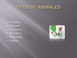    Vivíparos
   Ovíparos
   Crustáceos
   Mamíferos
   Dormilones
   Gritones
 