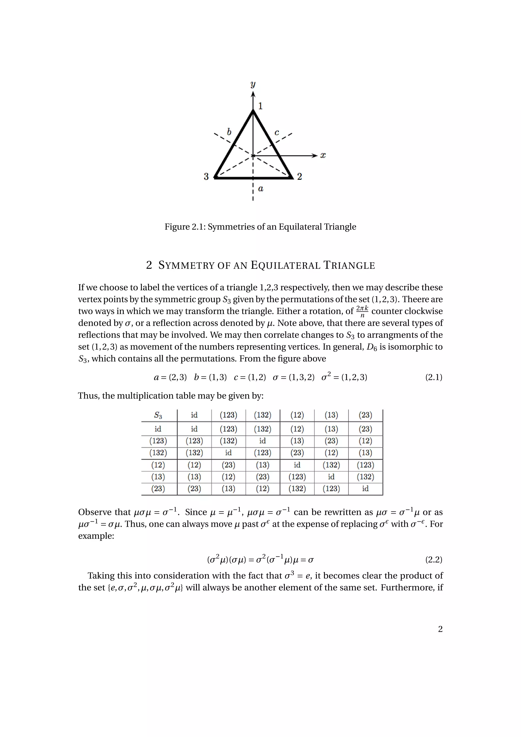 Figure 2.1: Symmetries of an Equilateral Triangle
2 SYMMETRY OF AN EQUILATERAL TRIANGLE
If we choose to label the vertices of a triangle 1,2,3 respectively, then we may describe these
vertex points by the symmetric group S3 given by the permutations of the set (1,2,3). Theere are
two ways in which we may transform the triangle. Either a rotation, of 2πk
n counter clockwise
denoted by σ, or a reﬂection across denoted by µ. Note above, that there are several types of
reﬂections that may be involved. We may then correlate changes to S3 to arrangments of the
set (1,2,3) as movement of the numbers representing vertices. In general, D6 is isomorphic to
S3, which contains all the permutations. From the ﬁgure above
a = (2,3) b = (1,3) c = (1,2) σ = (1,3,2) σ2
= (1,2,3) (2.1)
Thus, the multiplication table may be given by:
Observe that µσµ = σ−1
. Since µ = µ−1
, µσµ = σ−1
can be rewritten as µσ = σ−1
µ or as
µσ−1
= σµ. Thus, one can always move µ past σ at the expense of replacing σ with σ−
. For
example:
(σ2
µ)(σµ) = σ2
(σ−1
µ)µ = σ (2.2)
Taking this into consideration with the fact that σ3
= e, it becomes clear the product of
the set {e,σ,σ2
,µ,σµ,σ2
µ} will always be another element of the same set. Furthermore, if
2
 