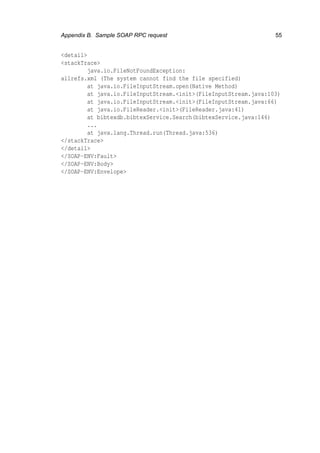 Appendix B. Sample SOAP RPC request 55
<detail>
<stackTrace>
java.io.FileNotFoundException:
allrefs.xml (The system cannot find the file specified)
at java.io.FileInputStream.open(Native Method)
at java.io.FileInputStream.<init>(FileInputStream.java:103)
at java.io.FileInputStream.<init>(FileInputStream.java:66)
at java.io.FileReader.<init>(FileReader.java:41)
at bibtexdb.bibtexService.Search(bibtexService.java:146)
...
at java.lang.Thread.run(Thread.java:536)
</stackTrace>
</detail>
</SOAP-ENV:Fault>
</SOAP-ENV:Body>
</SOAP-ENV:Envelope>
 