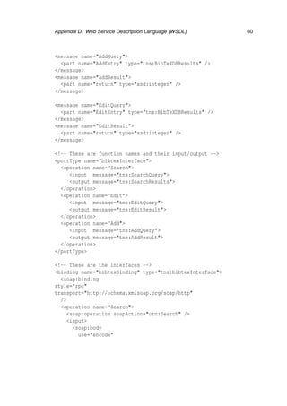 Appendix D. Web Service Description Language (WSDL) 60
<message name="AddQuery">
<part name="AddEntry" type="tns:BibTeXDBResults" />
</message>
<message name="AddResult">
<part name="return" type="xsd:integer" />
</message>
<message name="EditQuery">
<part name="EditEntry" type="tns:BibTeXDBResults" />
</message>
<message name="EditResult">
<part name="return" type="xsd:integer" />
</message>
<!-- These are function names and their input/output -->
<portType name="bibtexInterface">
<operation name="Search">
<input message="tns:SearchQuery">
<output message="tns:SearchResults">
</operation>
<operation name="Edit">
<input message="tns:EditQuery">
<output message="tns:EditResult">
</operation>
<operation name="Add">
<input message="tns:AddQuery">
<output message="tns:AddResult">
</operation>
</portType>
<!-- These are the interfaces -->
<binding name="bibtexBinding" type="tns:bibtexInterface">
<soap:binding
style="rpc"
transport="http://schema.xmlsoap.org/soap/http"
/>
<operation name="Search">
<soap:operation soapAction="urn:Search" />
<input>
<soap:body
use="encode"
 