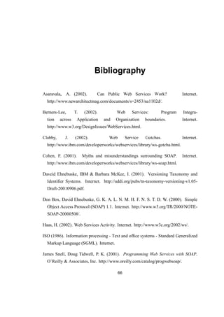 Bibliography
Asaravala, A. (2002). Can Public Web Services Work? Internet.
http://www.newarchitectmag.com/documents/s=2453/na1102d/.
Berners-Lee, T. (2002). Web Services: Program Integra-
tion across Application and Organization boundaries. Internet.
http://www.w3.org/DesignIssues/WebServices.html.
Clabby, J. (2002). Web Service Gotchas. Internet.
http://www.ibm.com/developerworks/webservices/library/ws-gotcha.html.
Cohen, F. (2001). Myths and misunderstandings surrounding SOAP. Internet.
http://www.ibm.com/developerworks/webservices/library/ws-soap.html.
Daveid Ehnebuske, IBM & Barbara McKee, I. (2001). Versioning Taxonomy and
Identiﬁer Systems. Internet. http://uddi.org/pubs/tn-taxonomy-versioning-v1.05-
Draft-20010906.pdf.
Don Box, David Ehnebuske, G. K. A. L. N. M. H. F. N. S. T. D. W. (2000). Simple
Object Access Protocol (SOAP) 1.1. Internet. http://www.w3.org/TR/2000/NOTE-
SOAP-20000508/.
Haas, H. (2002). Web Services Activity. Internet. http://www.w3c.org/2002/ws/.
ISO (1986). Information processing - Text and ofﬁce systems - Standard Generalized
Markup Language (SGML). Internet.
James Snell, Doug Tidwell, P. K. (2001). Programming Web Services with SOAP.
O’Reilly & Associates, Inc. http://www.oreilly.com/catalog/progwebsoap/.
66
 