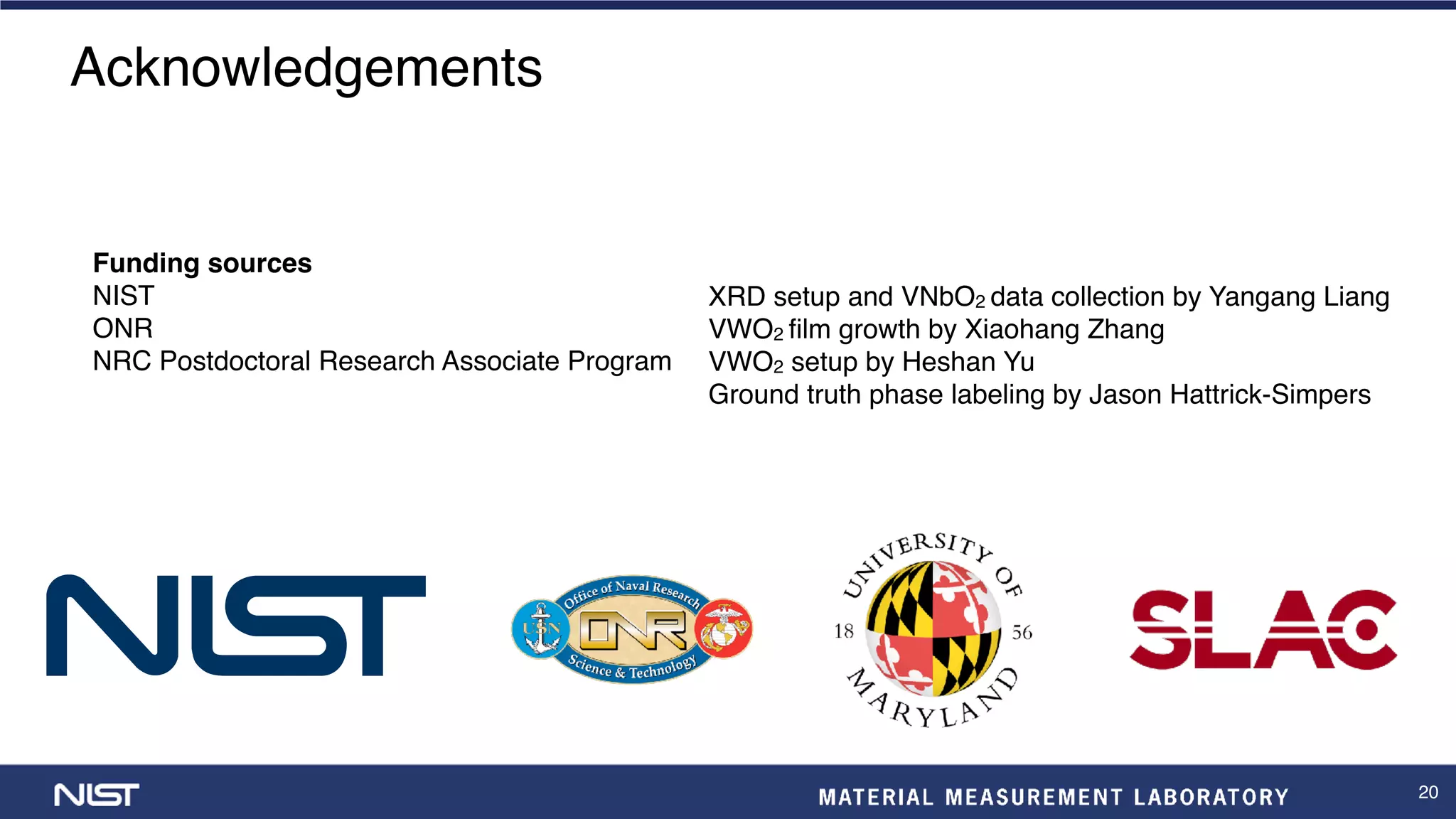 20
Acknowledgements
Funding sources
NIST
ONR
NRC Postdoctoral Research Associate Program
XRD setup and VNbO2 data collection by Yangang Liang
VWO2 film growth by Xiaohang Zhang
VWO2 setup by Heshan Yu
Ground truth phase labeling by Jason Hattrick-Simpers
 