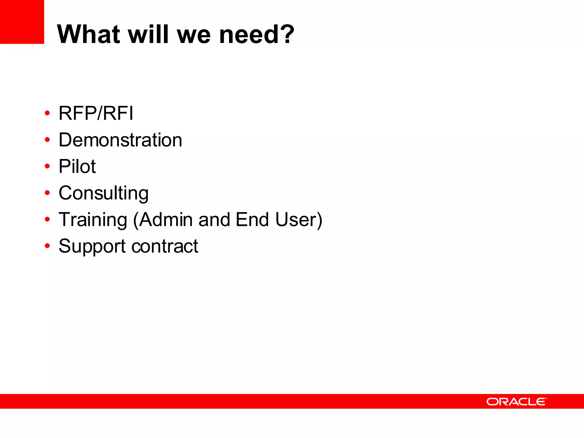 What will we need? RFP/RFI Demonstration Pilot Consulting Training (Admin and End User) Support contract 