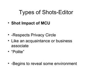 Types of Shots-Editor Shot Impact of MCU -Respects Privacy Circle Like an acquaintance or business associate “Polite” -Begins to reveal some environment 