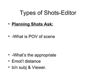 Types of Shots-Editor Planning Shots Ask: -What is POV of scene -What’s the appropriate Emot’l distance  b/n subj & Viewer. 