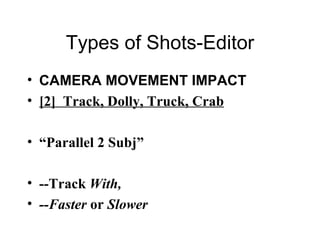 Types of Shots-Editor CAMERA MOVEMENT IMPACT [2]  Track, Dolly, Truck, Crab “ Parallel 2 Subj” --Track  With, --Faster  or  Slower 