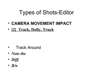 Types of Shots-Editor CAMERA MOVEMENT IMPACT [2]  Track, Dolly, Truck Track Around Note the Diff. B/n The 2 