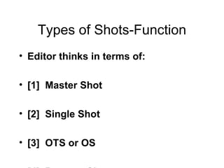 Types of Shots-Function Editor thinks in terms of: [1]  Master Shot [2]  Single Shot [3]  OTS or OS [4]  Reverse Shot [5]  POV [6]  Reaction-RXN Shot [7]  2 Shot [8]  Group Shot [9]  Cutaway [10] Insert 