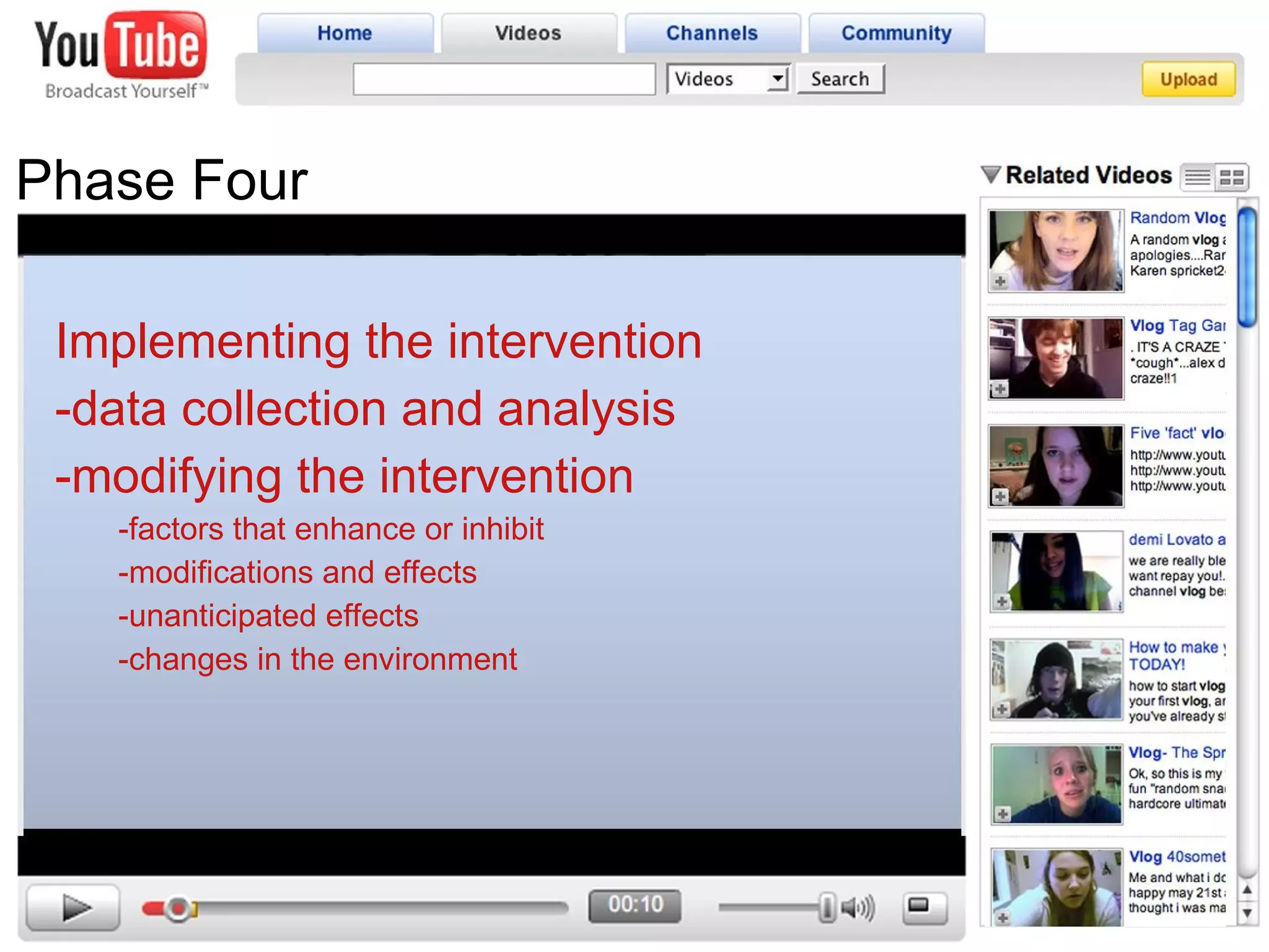 Phase Four Implementing the intervention -data collection and analysis -modifying the intervention -factors that enhance or inhibit -modifications and effects -unanticipated effects -changes in the environment 