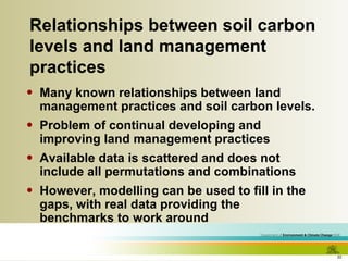 Relationships between soil carbon levels and land management practices Many known relationships between land management practices and soil carbon levels. Problem of continual developing and improving land management practices Available data is scattered and does not include all permutations and combinations However, modelling can be used to fill in the gaps, with real data providing the benchmarks to work around 