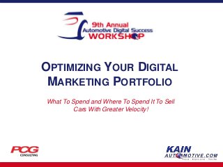 OPTIMIZING YOUR DIGITAL
MARKETING PORTFOLIO
What To Spend and Where To Spend It To Sell
Cars With Greater Velocity!

 
