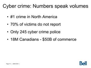 Cyber crime: Numbers speak volumes #1 crime in North America 70% of victims do not report Only 245 cyber crime police 18M Canadians - $50B of commerce 