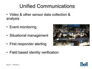Unified Communications Video & other sensor data collection & analysis Event monitoring Situational management First responder alerting Field based identity verification 