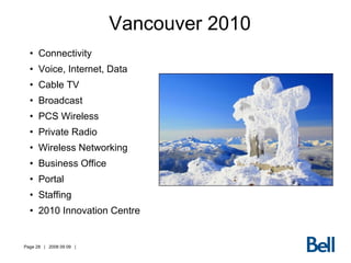 Vancouver 2010 Connectivity Voice, Internet, Data Cable TV Broadcast PCS Wireless Private Radio Wireless Networking Business Office Portal Staffing 2010 Innovation Centre 