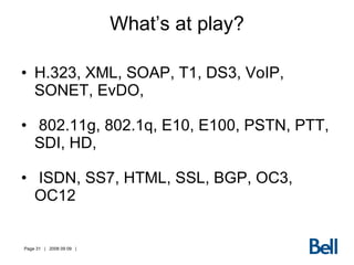 What’s at play? H.323, XML, SOAP, T1, DS3, VoIP, SONET, EvDO, 802.11g, 802.1q, E10, E100, PSTN, PTT, SDI, HD, ISDN, SS7, HTML, SSL, BGP, OC3, OC12 