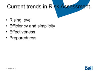 Current trends in Risk Assessment Rising level Efficiency and simplicity Effectiveness Preparedness 