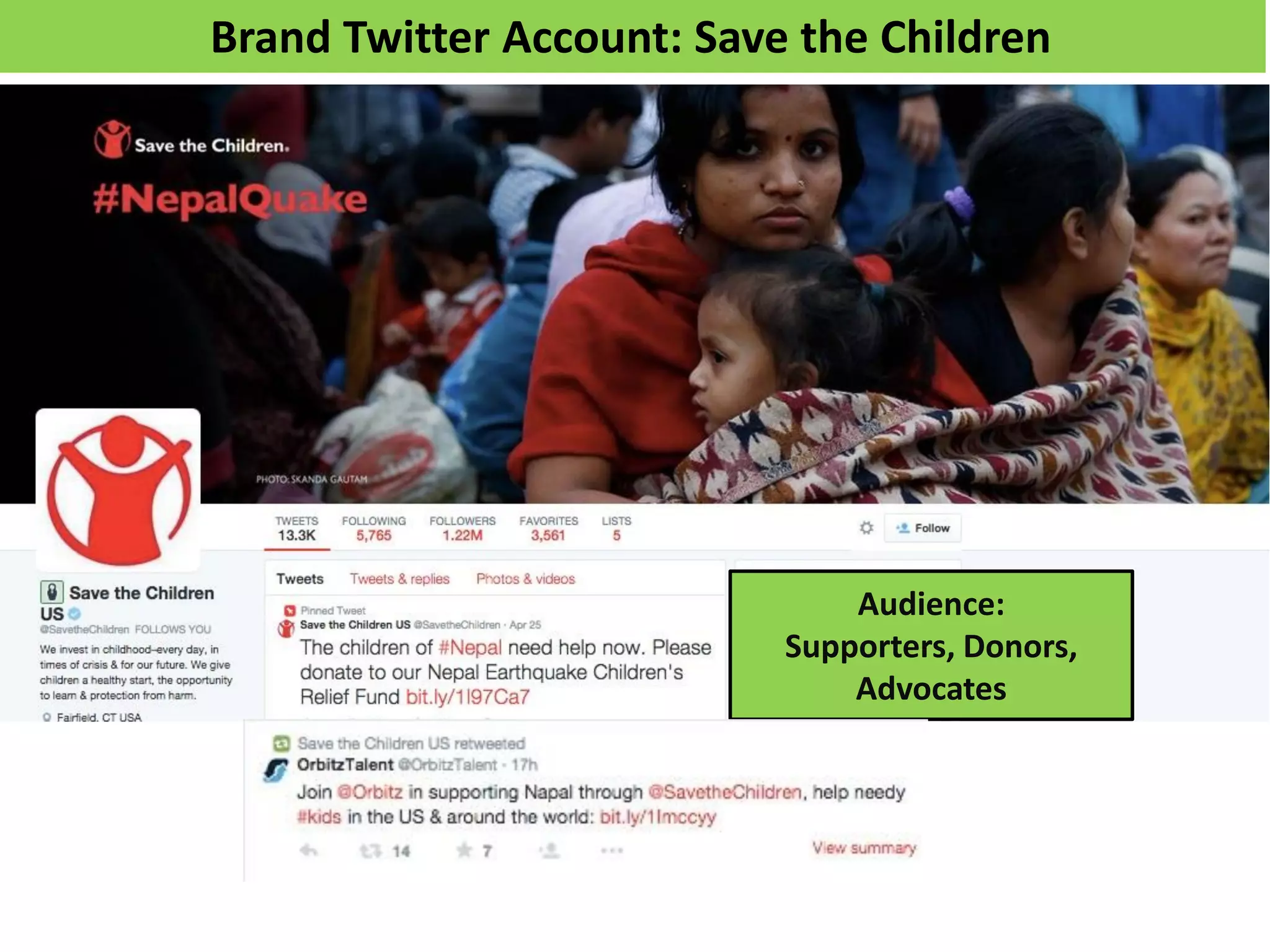 Brand Twitter Account: Save the Children
Audience:
Supporters, Donors,
Advocates
 