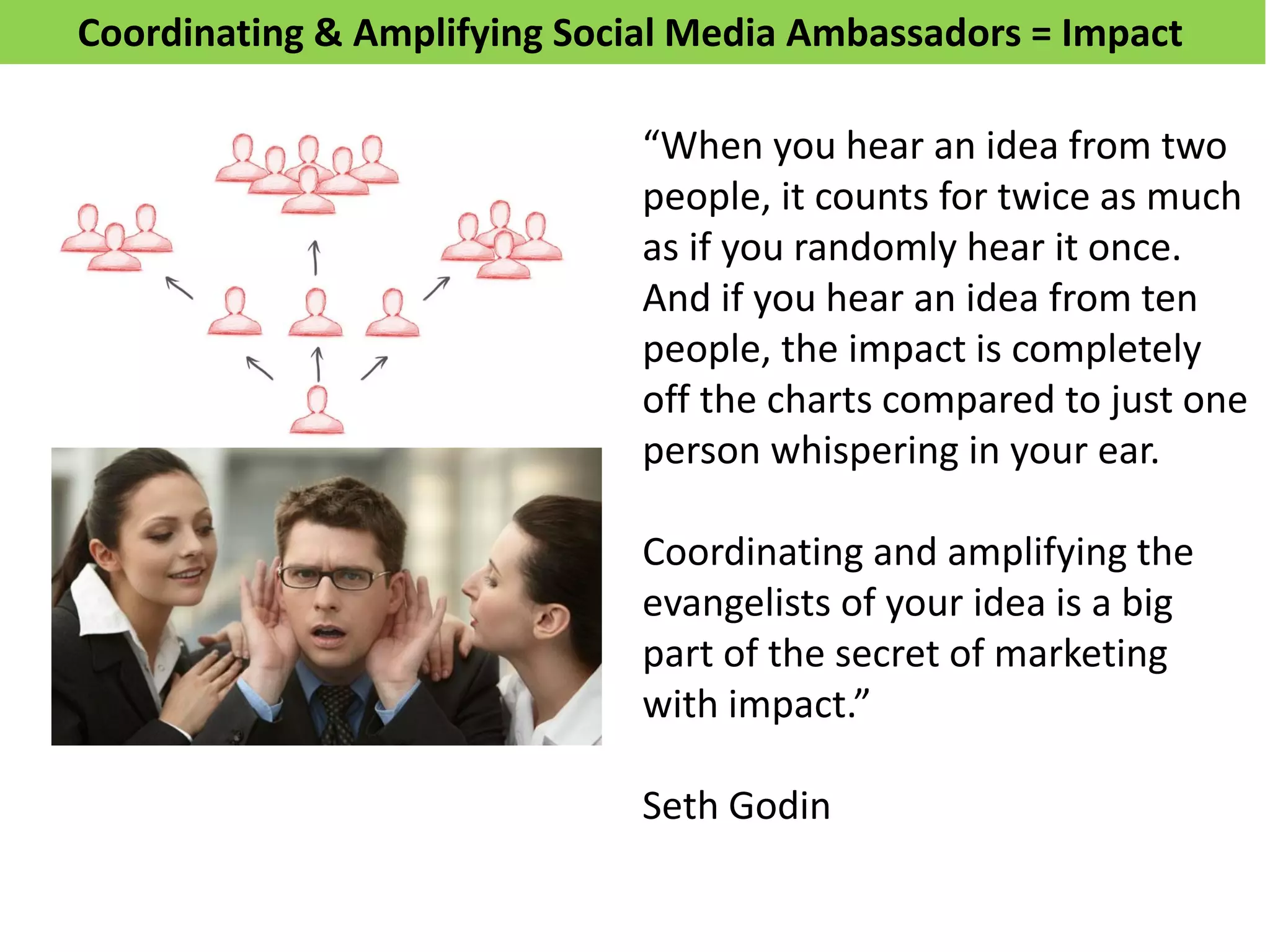 Coordinating & Amplifying Social Media Ambassadors = Impact
“When you hear an idea from two
people, it counts for twice as much
as if you randomly hear it once.
And if you hear an idea from ten
people, the impact is completely
off the charts compared to just one
person whispering in your ear.
Coordinating and amplifying the
evangelists of your idea is a big
part of the secret of marketing
with impact.”
Seth Godin
 