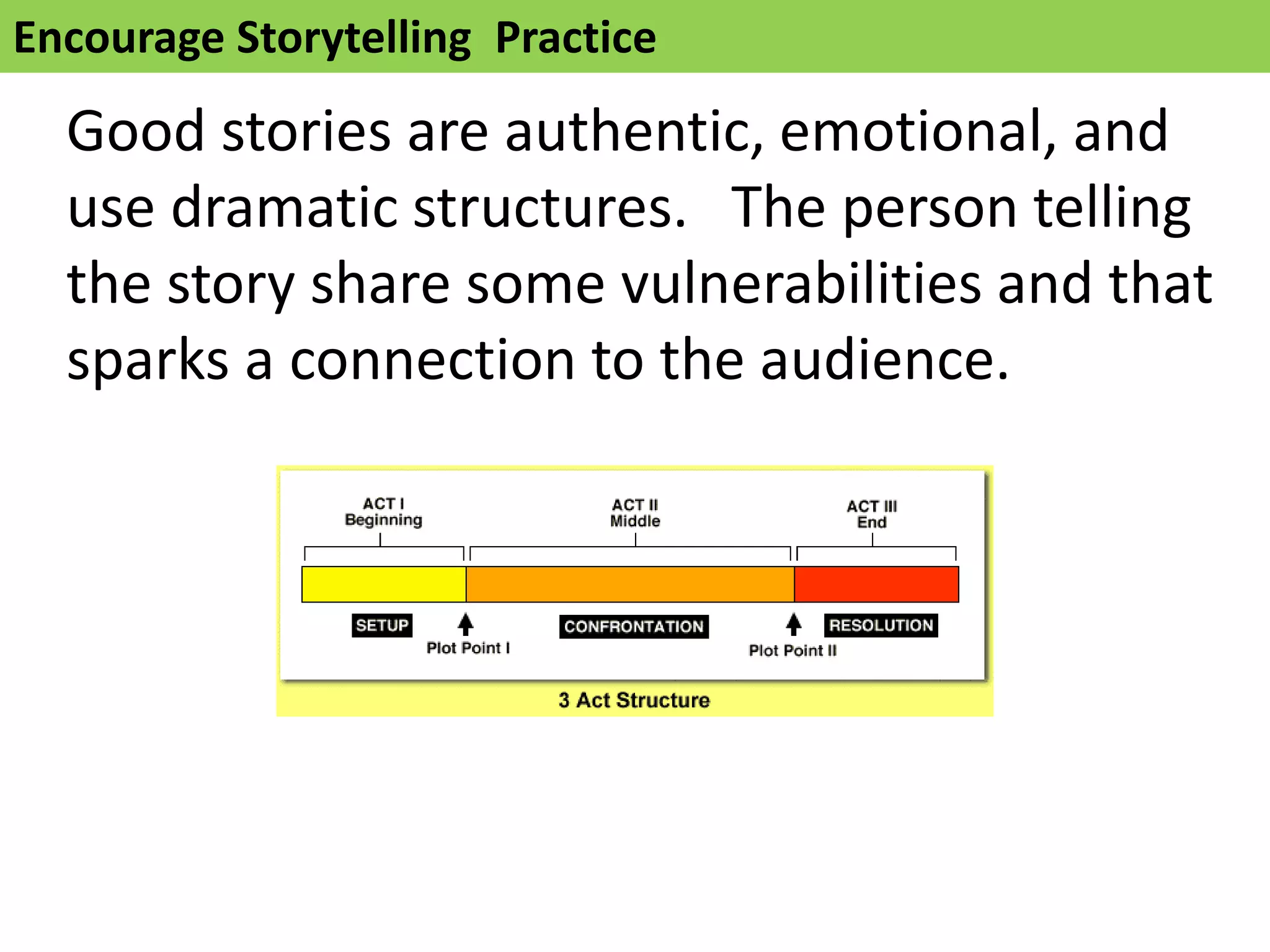Encourage Storytelling Practice
Good stories are authentic, emotional, and
use dramatic structures. The person telling
the story share some vulnerabilities and that
sparks a connection to the audience.
 