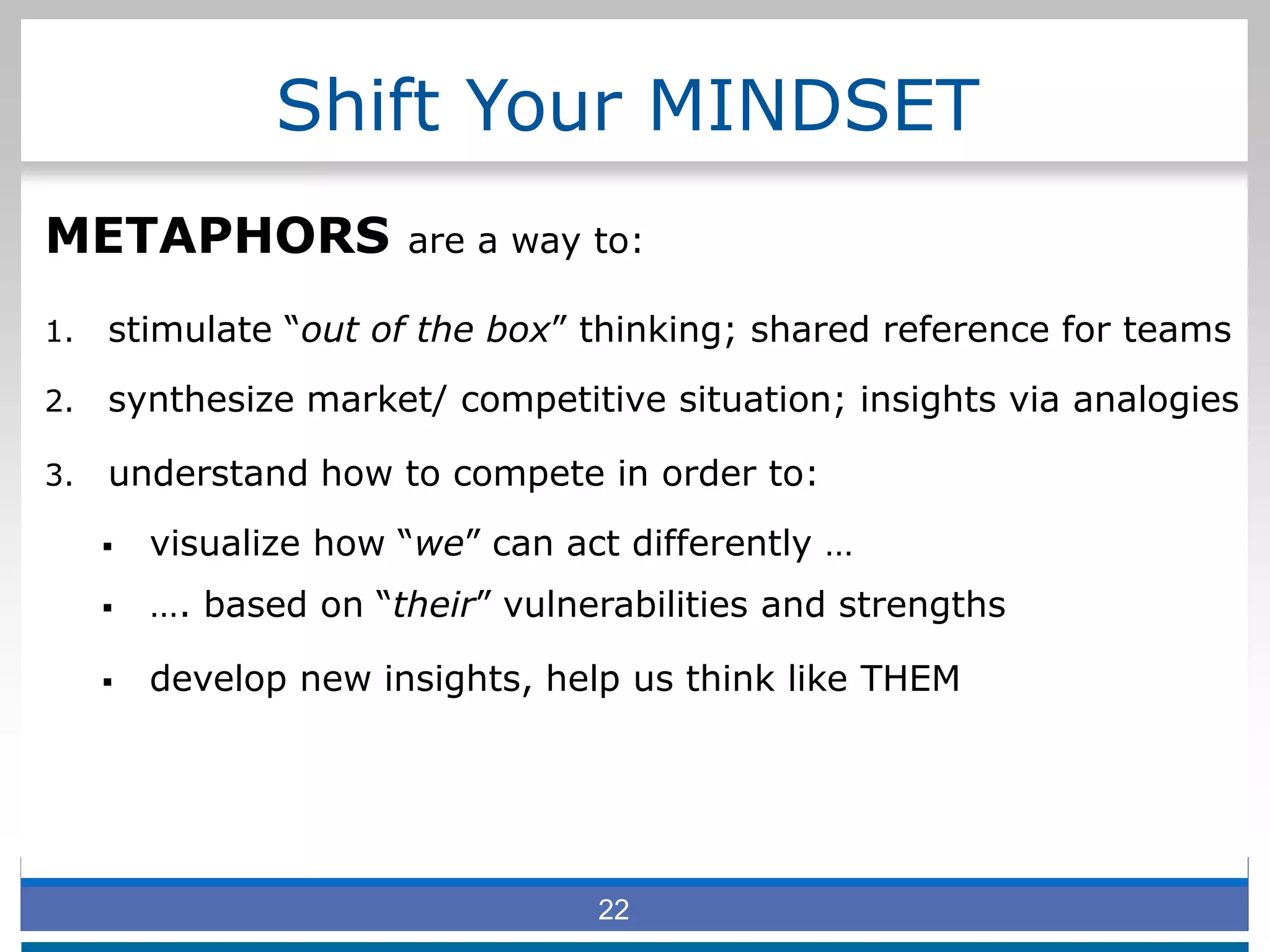 Shift Your MINDSET
METAPHORS are a way to:
1. stimulate “out of the box” thinking; shared reference for teams
2. synthesize market/ competitive situation; insights via analogies
3. understand how to compete in order to:
 visualize how “we” can act differently …
 …. based on “their” vulnerabilities and strengths
 develop new insights, help us think like THEM
22
 