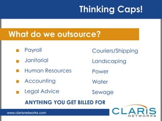 Cross Roads: We’ve Been Here BeforeWhat do we outsource?PayrollJanitorialHuman ResourcesAccounting Legal AdviceCouriers/ShippingLandscapingPowerWaterSewageThinking Caps! 	ANYTHING YOU GET BILLED FOR