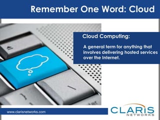 Remember One Word: Cloud	The Cloud Defined     Cloud Computing: A general term for anything that involves delivering hosted services   over the Internet. 