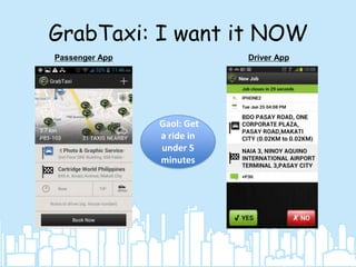 GrabTaxi: I want it NOW
Passenger App

Driver App

Gaol: Get
a ride in
under 5
minutes

 