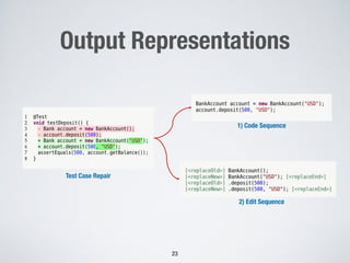 Output Representations
23
Test Case Repair
1) Code Sequence
2) Edit Sequence
 