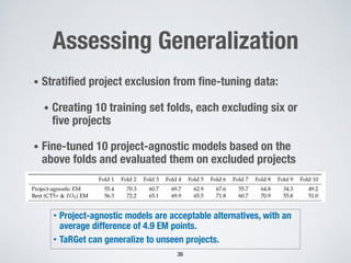 Assessing Generalization
• Stratified project exclusion from fine-tuning data:
• Creating 10 training set folds, each excluding six or
five projects
• Fine-tuned 10 project-agnostic models based on the
above folds and evaluated them on excluded projects
• Project-agnostic models are acceptable alternatives, with an
average difference of 4.9 EM points.
• TaRGet can generalize to unseen projects.
36
 