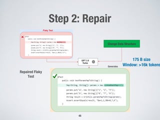 Step 2: Repair
46
Change Data Structure
Generates
Repaired Flaky
Test
175 B size
Window: >16k tokens
 