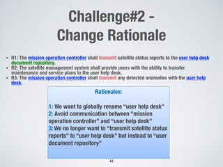 • R1: The mission operation controller shall transmit satellite status reports to the user help desk
document repository.
• R2: The satellite management system shall provide users with the ability to transfer
maintenance and service plans to the user help desk.
• R3: The mission operation controller shall transmit any detected anomalies with the user help
desk.
44
Challenge#2 -
Change Rationale
Rationales:
1: We want to globally rename “user help desk”
2: Avoid communication between “mission
operation controller” and “user help desk”
3: We no longer want to “transmit satellite status
reports” to “user help desk” but instead to “user
document repository”
 