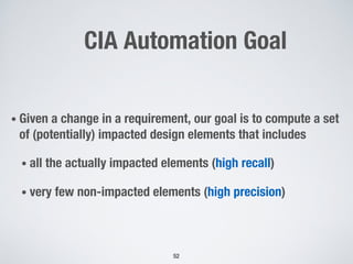 CIA Automation Goal
• Given a change in a requirement, our goal is to compute a set
of (potentially) impacted design elements that includes
• all the actually impacted elements (high recall)
• very few non-impacted elements (high precision)
52
 