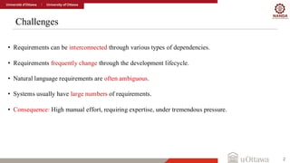 Challenges
2
• Requirements can be interconnected through various types of dependencies.
• Requirements frequently change through the development lifecycle.
• Natural language requirements are often ambiguous.
• Systems usually have large numbers of requirements.
• Consequence: High manual effort, requiring expertise, under tremendous pressure.
 