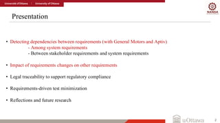 Presentation
2
• Detecting dependencies between requirements (with General Motors and Aptiv)
- Among system requirements
- Between stakeholder requirements and system requirements
• Impact of requirements changes on other requirements
• Legal traceability to support regulatory compliance
• Requirements-driven test minimization
• Reflections and future research
 