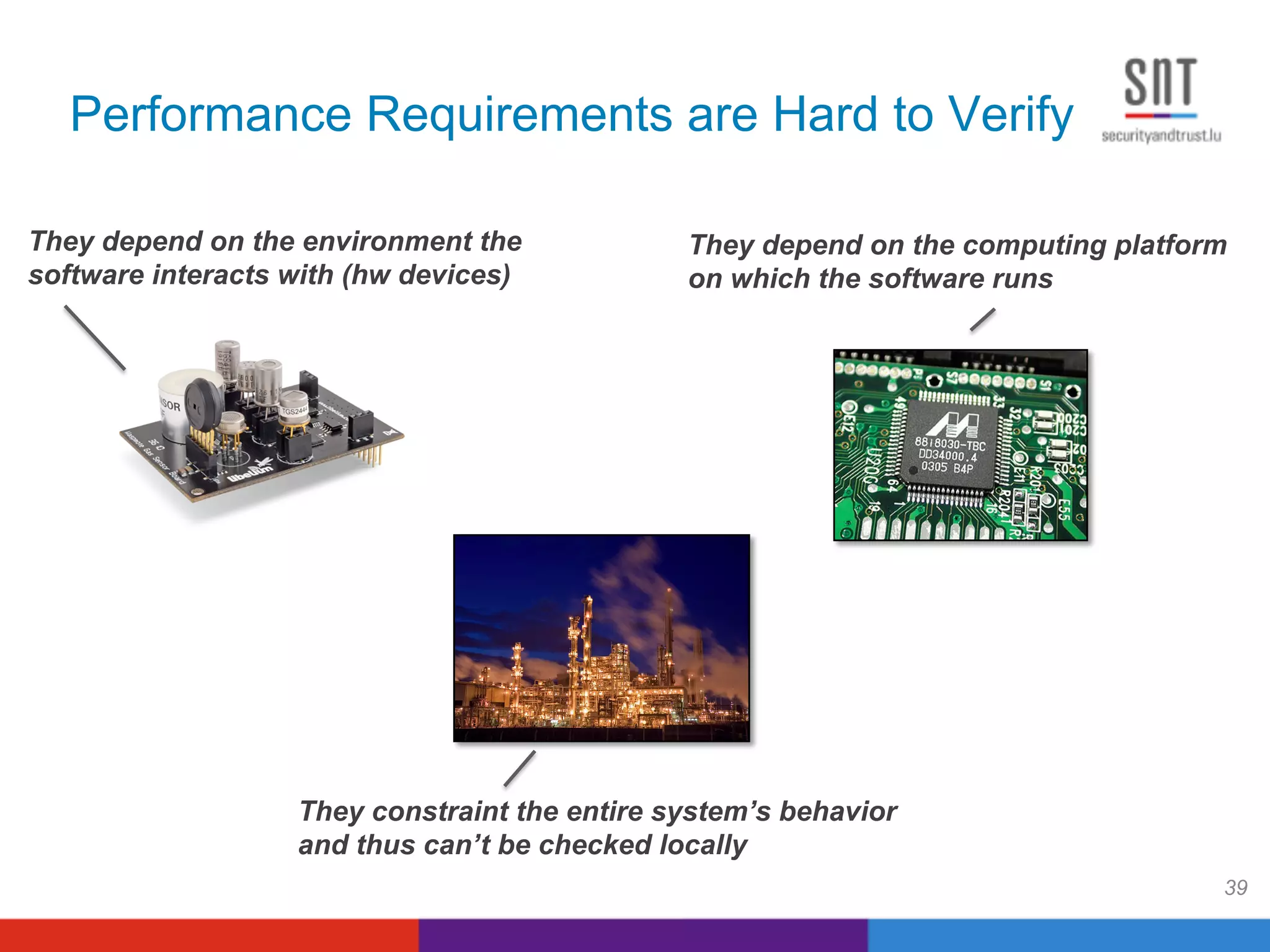 Performance Requirements are Hard to Verify
39
They constraint the entire system’s behavior
and thus can’t be checked locally
They depend on the environment the
software interacts with (hw devices)
They depend on the computing platform
on which the software runs
 