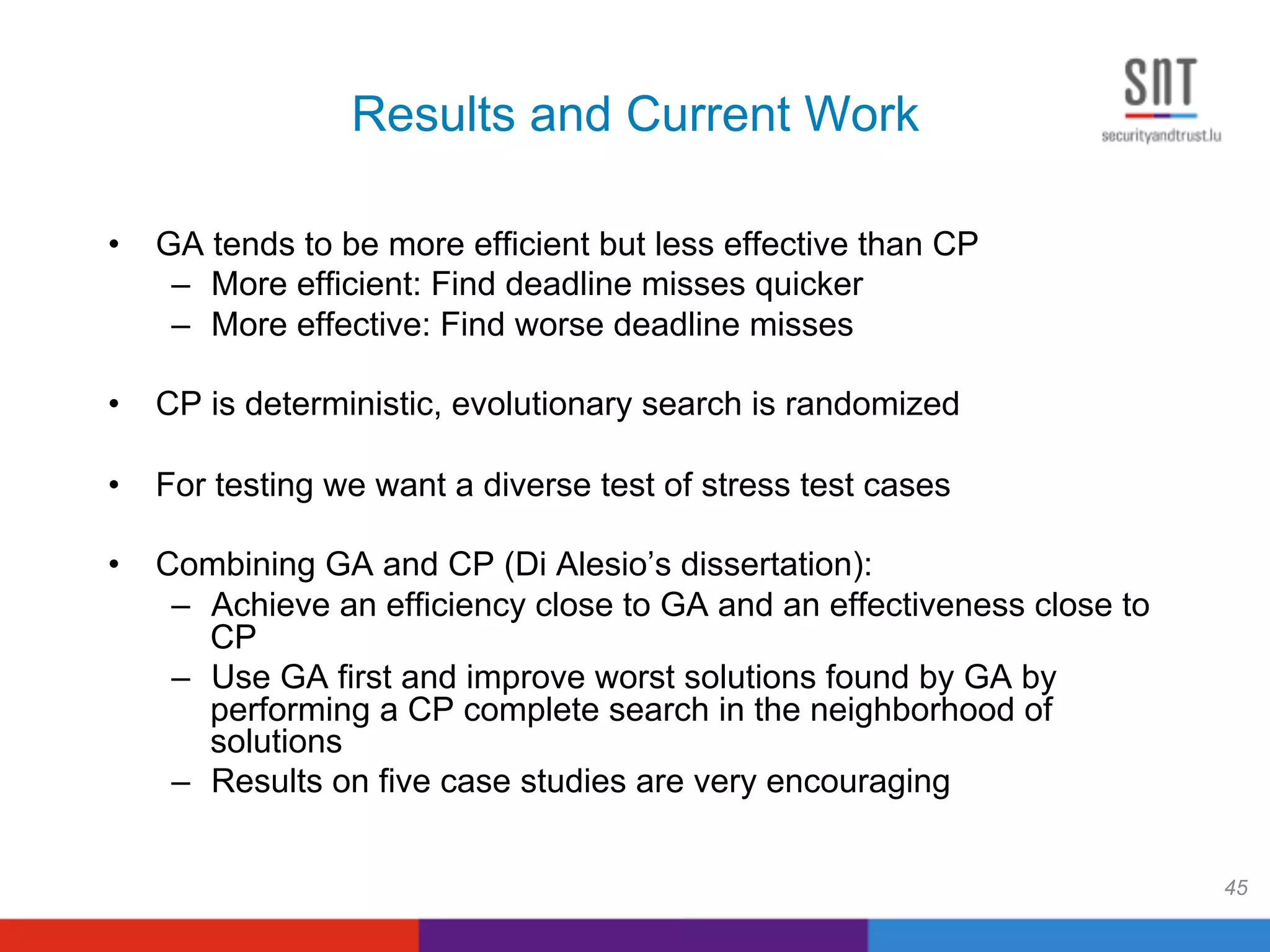 Results and Current Work
•  GA tends to be more efficient but less effective than CP
–  More efficient: Find deadline misses quicker
–  More effective: Find worse deadline misses
•  CP is deterministic, evolutionary search is randomized
•  For testing we want a diverse test of stress test cases
•  Combining GA and CP (Di Alesio’s dissertation):
–  Achieve an efficiency close to GA and an effectiveness close to
CP
–  Use GA first and improve worst solutions found by GA by
performing a CP complete search in the neighborhood of
solutions
–  Results on five case studies are very encouraging
45
 