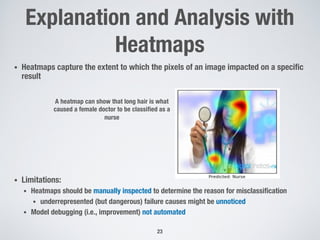 Explanation and Analysis with
Heatmaps
23
• Heatmaps capture the extent to which the pixels of an image impacted on a specific
result
• Limitations:
• Heatmaps should be manually inspected to determine the reason for misclassification
• underrepresented (but dangerous) failure causes might be unnoticed
• Model debugging (i.e., improvement) not automated
A heatmap can show that long hair is what
caused a female doctor to be classified as a
nurse
 