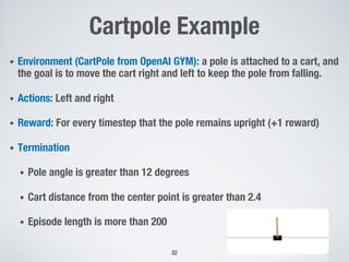 Cartpole Example
• Environment (CartPole from OpenAI GYM): a pole is attached to a cart, and
the goal is to move the cart right and left to keep the pole from falling.
• Actions: Left and right
• Reward: For every timestep that the pole remains upright (+1 reward)
• Termination
• Pole angle is greater than 12 degrees
• Cart distance from the center point is greater than 2.4
• Episode length is more than 200
32
 