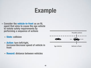Example
• Consider the vehicle-in-front as an RL
agent that aims to cause the ego vehicle
to violate safety requirements by
performing a sequence of actions
• State: collision
• Action: turn left/right,
increase/decrease speed of vehicle in
front
• Reward: distance between vehicles
40
Ego Vehicle Vehicle in-front
Possible actions
 