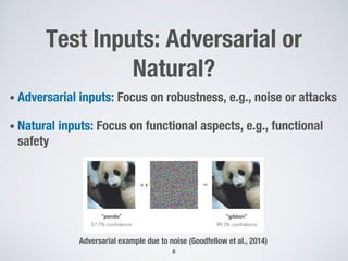 Test Inputs: Adversarial or
Natural?
• Adversarial inputs: Focus on robustness, e.g., noise or attacks
• Natural inputs: Focus on functional aspects, e.g., functional
safety
8
Adversarial example due to noise (Goodfellow et al., 2014)
 